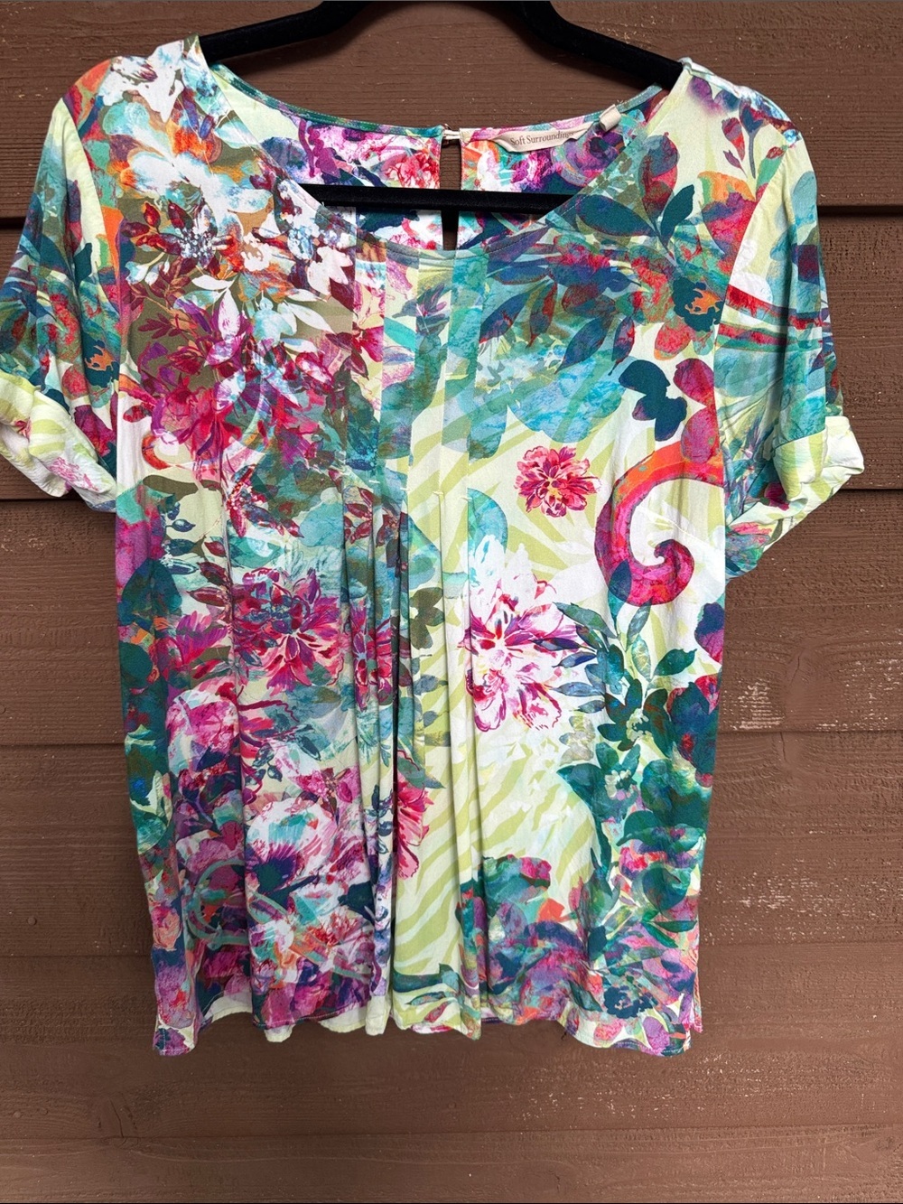 Soft Surroundings Multicolor Floral Short Sleeve Tee in Pink, Teal & Lime size S